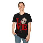 Halloween Horror Unisex T-Shirt with Dripping Blood and Hockey Mask Design