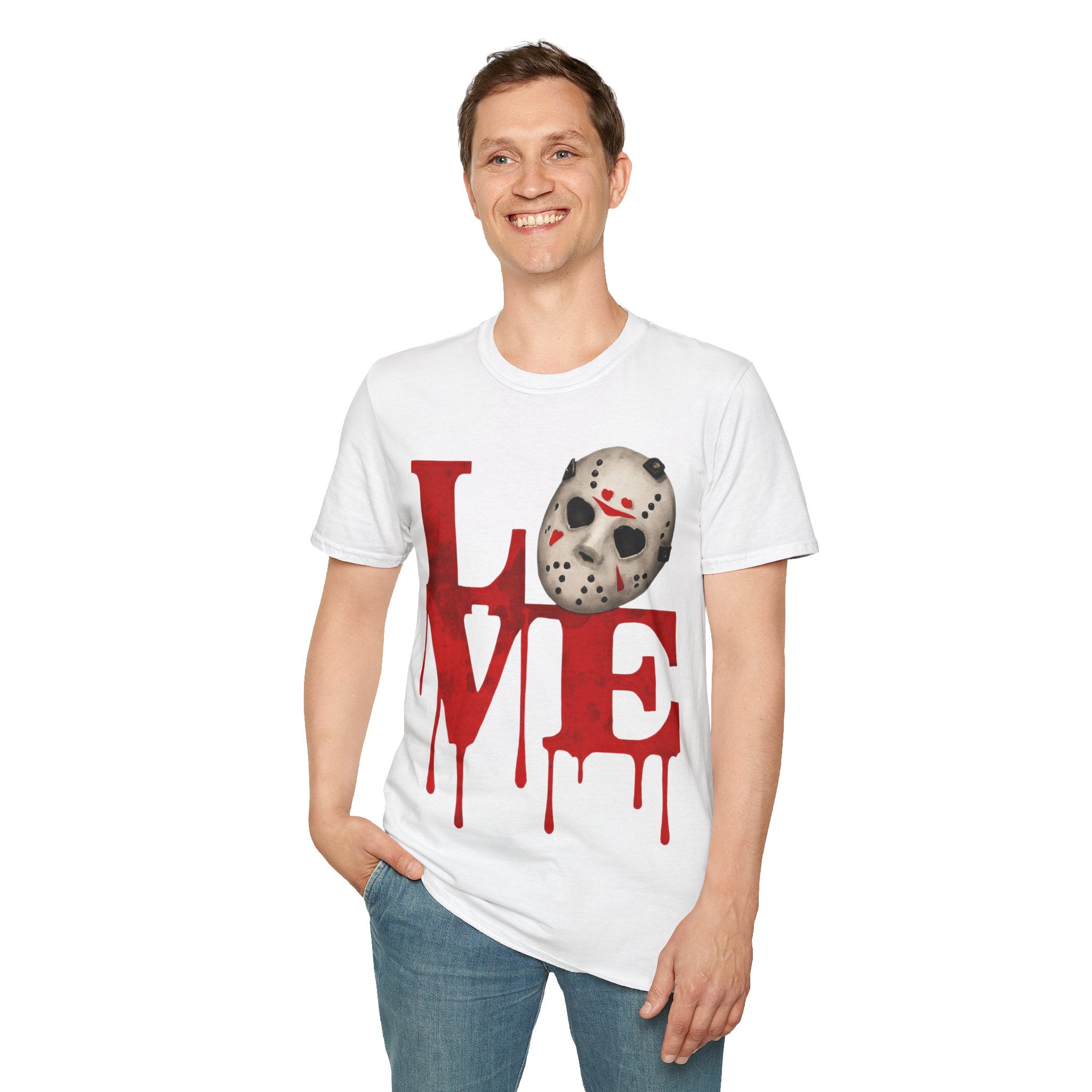 Halloween Horror Unisex T-Shirt with Dripping Blood and Hockey Mask Design