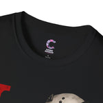 Halloween Horror Unisex T-Shirt with Dripping Blood and Hockey Mask Design
