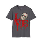 Halloween Horror Unisex T-Shirt with Dripping Blood and Hockey Mask Design