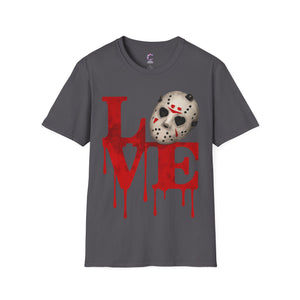 Halloween Horror Unisex T-Shirt with Dripping Blood and Hockey Mask Design
