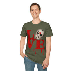 Halloween Horror Unisex T-Shirt with Dripping Blood and Hockey Mask Design