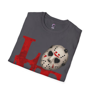 Halloween Horror Unisex T-Shirt with Dripping Blood and Hockey Mask Design