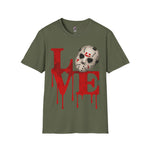 Halloween Horror Unisex T-Shirt with Dripping Blood and Hockey Mask Design