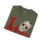 Halloween Horror Unisex T-Shirt with Dripping Blood and Hockey Mask Design