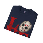Halloween Horror Unisex T-Shirt with Dripping Blood and Hockey Mask Design