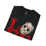 Halloween Horror Unisex T-Shirt with Dripping Blood and Hockey Mask Design