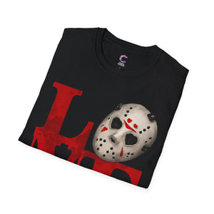 Halloween Horror Unisex T-Shirt with Dripping Blood and Hockey Mask Design