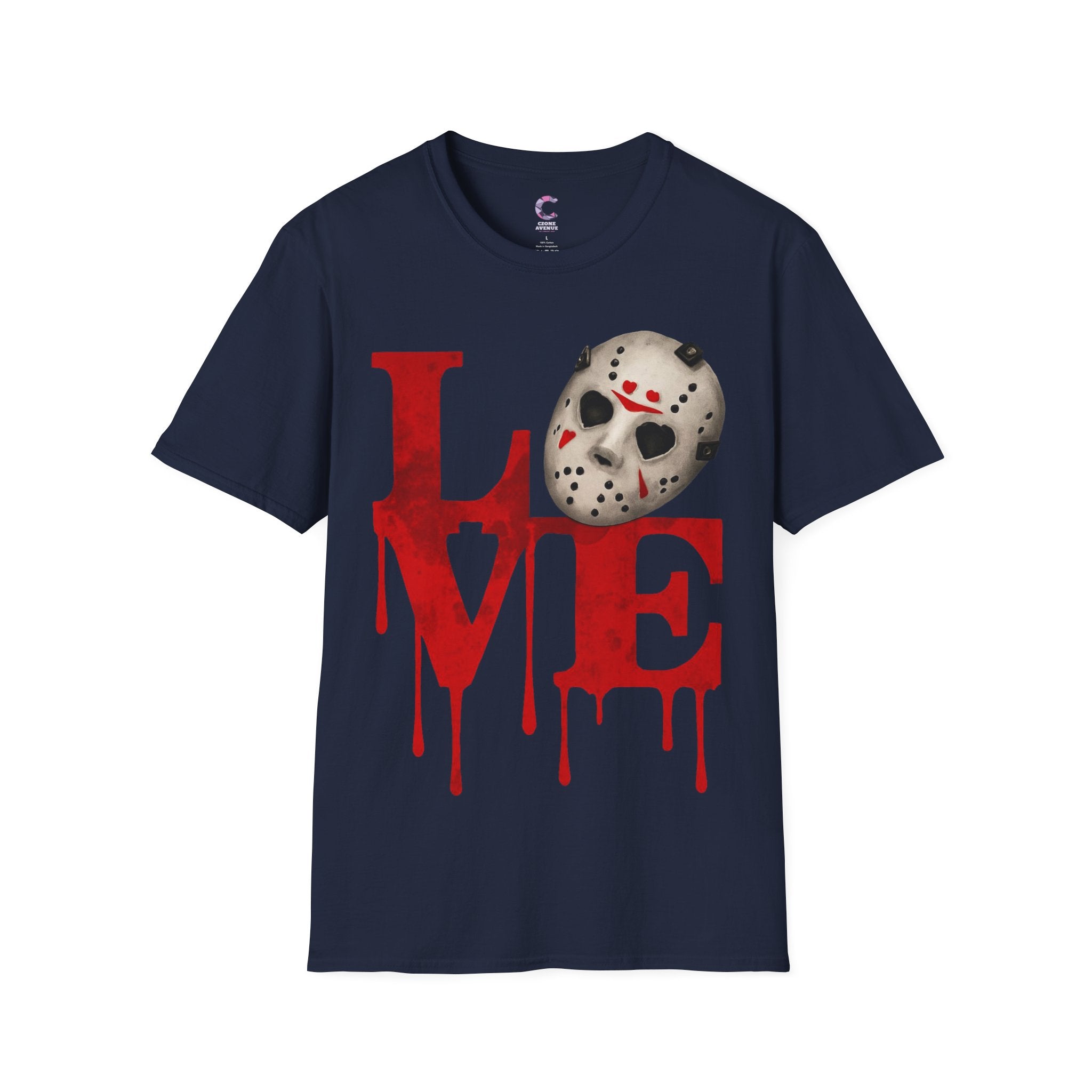 Halloween Horror Unisex T-Shirt with Dripping Blood and Hockey Mask Design
