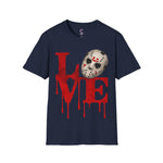Halloween Horror Unisex T-Shirt with Dripping Blood and Hockey Mask Design