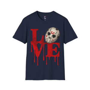 Halloween Horror Unisex T-Shirt with Dripping Blood and Hockey Mask Design