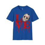 Halloween Horror Unisex T-Shirt with Dripping Blood and Hockey Mask Design