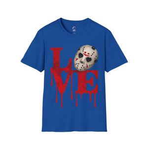 Halloween Horror Unisex T-Shirt with Dripping Blood and Hockey Mask Design
