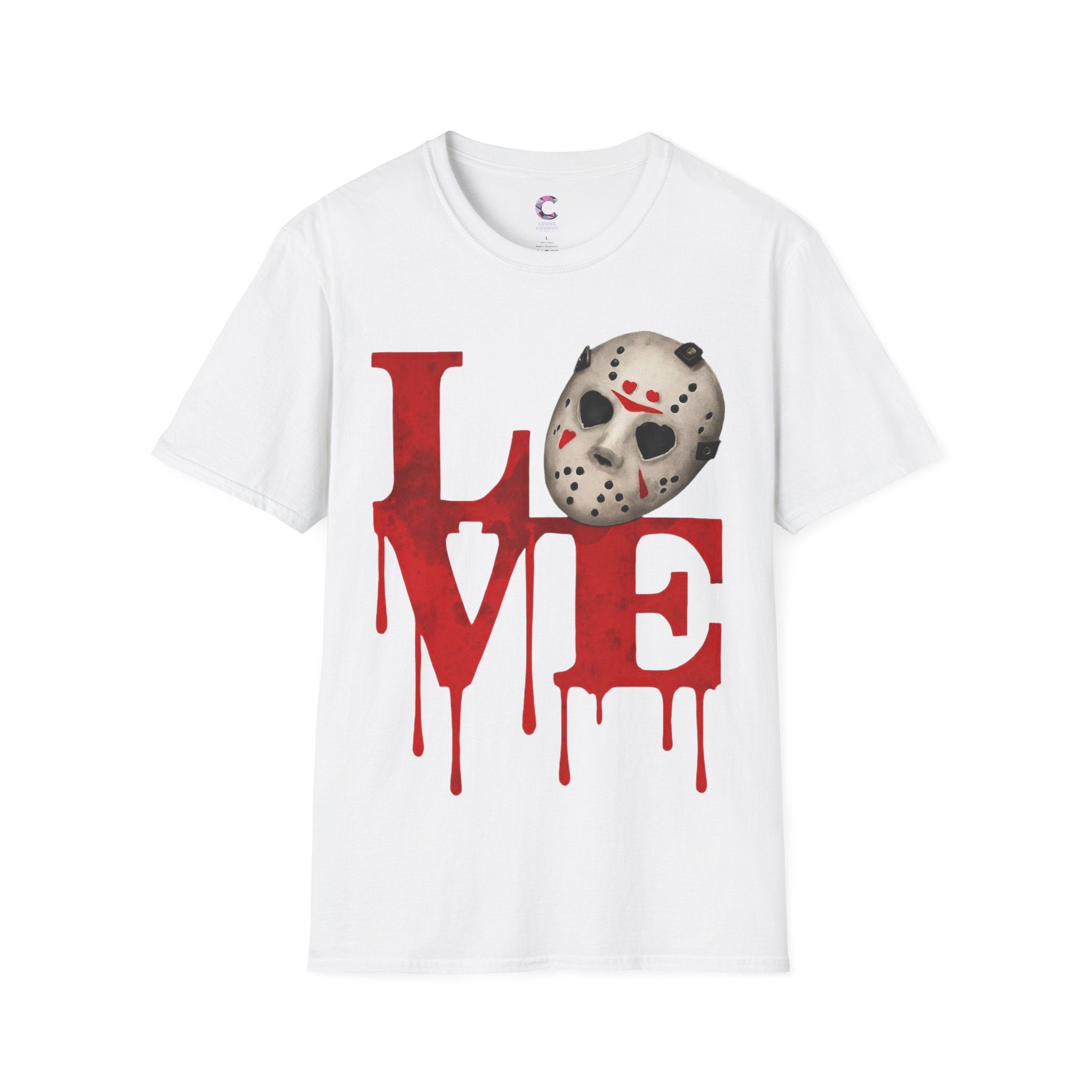 Halloween Horror Unisex T-Shirt with Dripping Blood and Hockey Mask Design