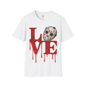 Halloween Horror Unisex T-Shirt with Dripping Blood and Hockey Mask Design