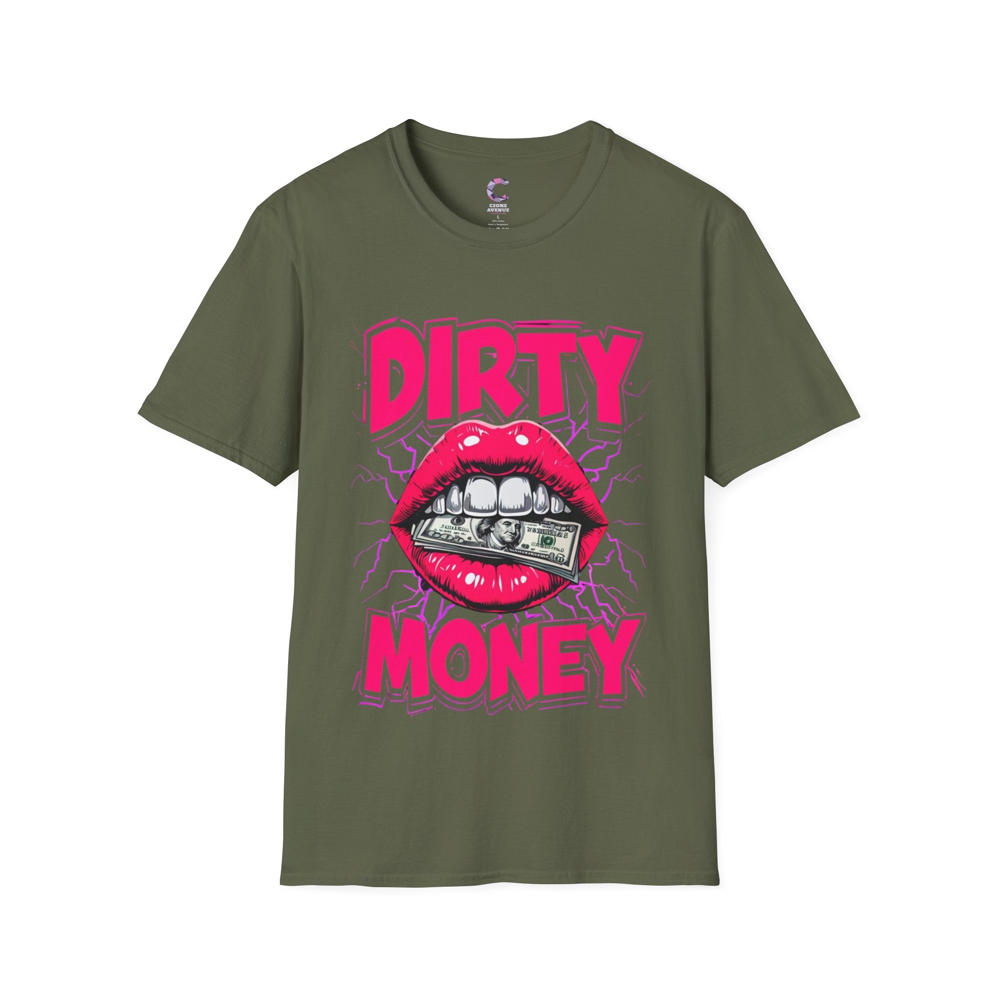 Dirty Money Theme Unisex T-Shirt with Lips Holding Money Design